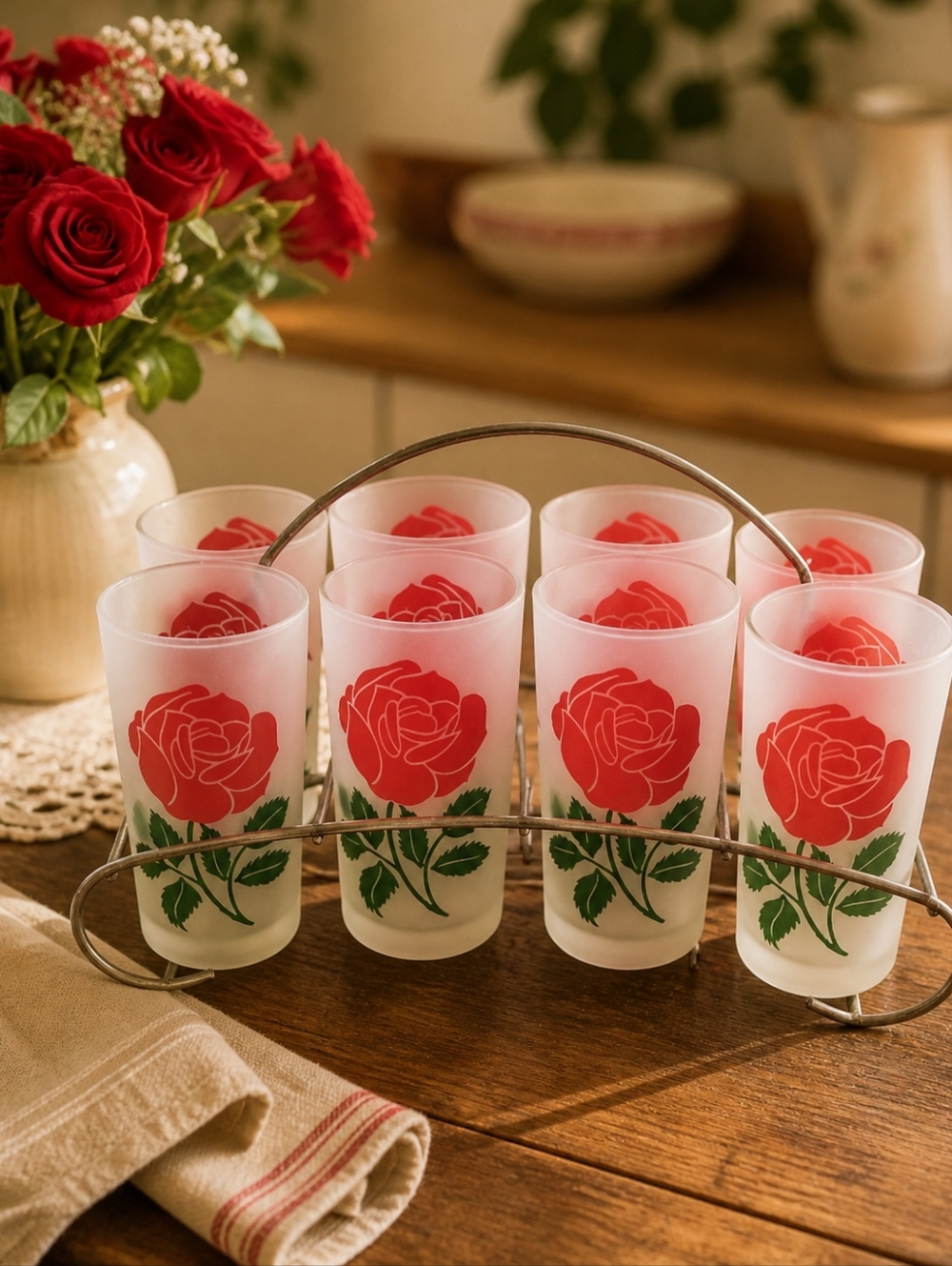 Libbey Frosted Rose Tumbler Set w Caddy 1960s 8 Glasses Vintage
